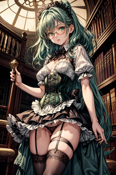 (masterpiece, best quality), 1girl, small breasts, small hips, green eyes, blue hair, black corset, lace skirt, garter belt, black legwear, old library, petite, glasses, <lora:add_detail:1>