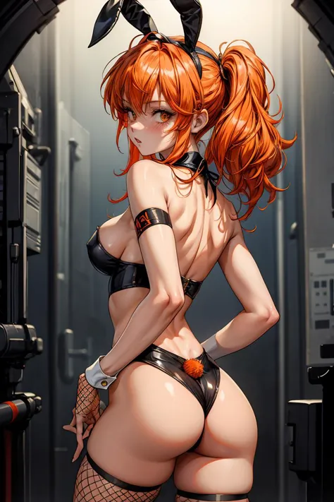 (masterpiece, best quality), 1girl, torn clothes, (torn) playboy bunny, photo session, fishnet legwear, orange hair, arms behind back, <lora:add_detail:1>