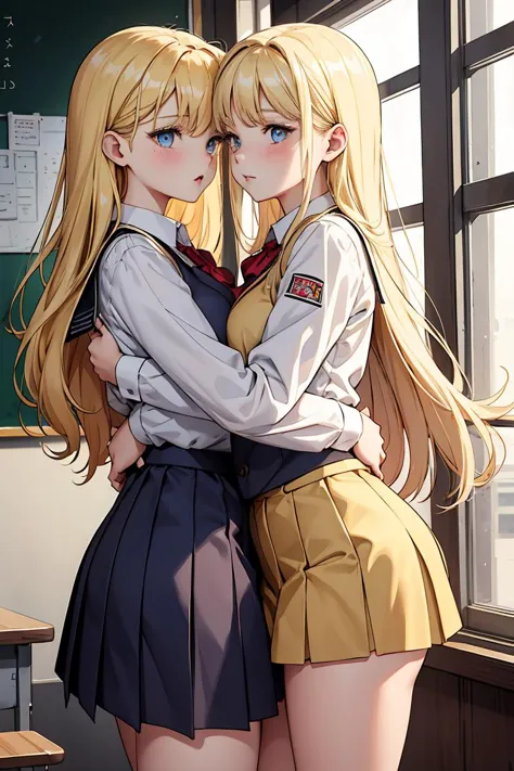 (masterpiece, best quality), 2girls, hug, blonde, school uniform, size difference,