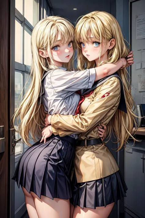 two anime girls hugging each other in a kitchen