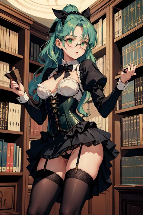 (masterpiece, best quality), 1girl, small breasts, small hips, green eyes, blue hair, black corset, lace skirt, garter belt, black legwear, old library, petite, glasses,