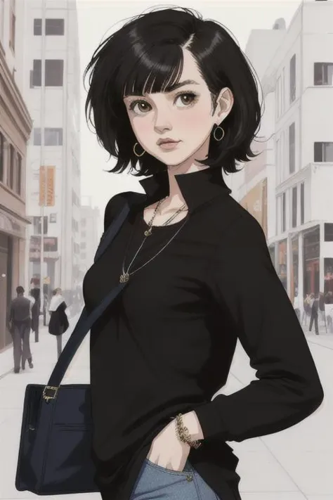 a woman with a black shirt and a purse standing on a street