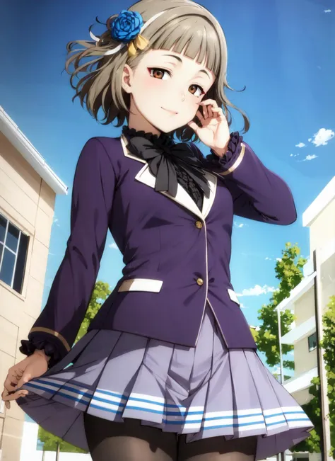 anime girl in uniform talking on cell phone in front of building