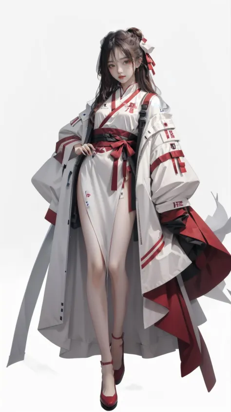 1girl, <lora:easttechwear-000005:0.8>\(red and white\), (hanfu:0.6), white background, full body