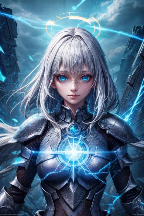 a woman in armor with blue eyes and a lightning bolt