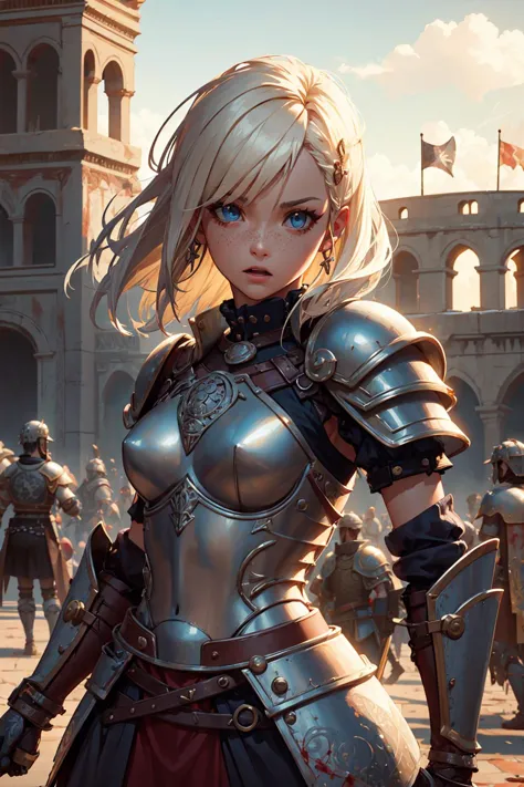 a woman in armor standing in front of a castle with a sword