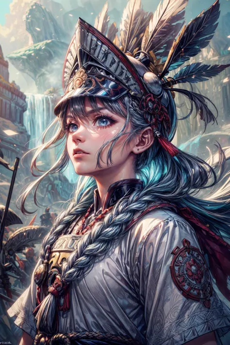 (best quality:1.4), (intricate details:1.2),  digital artwork, detailed cgi,  <lora:add_detail:1>
1 girl, adult british woman,  aquamarine eyes, white waterfall braid,
portrait, solo, half shot, looking up, detailed background, detailed face, (<lyco:CulturePunkBundle-000007:0.5>, zulupunkai, zulu theme:1.1), samurai, black samurai clothing, samurai helmet,  aggressive expression, samurai crest,  battlefield in background,  cinematic atmosphere,