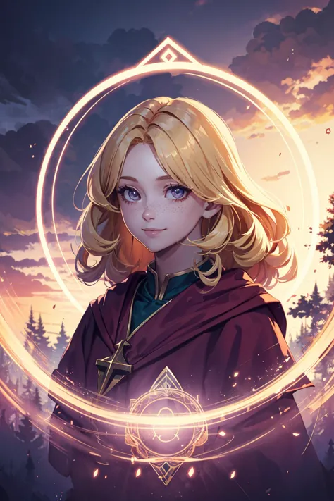 (best quality:1.4),
1 girl, adult european woman, freckles, jade eyes, blonde ringlets hair,
(Style-SwampMagic:0.4), portrait, (bloody scars:0.7), looking up, solo, upper body, detailed background, (<lora:runemagic:0.4>, magic_circle, Rune_Magic theme:1.1)  gentle smile, gentle,  light fantasy, priest, casting light spell, praying,  bright clouds, floating light particles, arms raised, dark purple robe, gloves, magic staff, divine spell, mana, bright realistic lighting, serene forest in background, peaceful atmosphere,  halo above head,