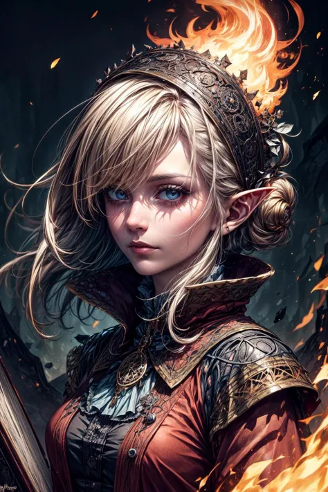 (best quality:1.4), (intricate details:1.2), hyperrealistic, digital artwork,   <lora:add_detail:1>
1 girl, adult (elven:0.7) woman,  black eyes, blonde half-up half-down hairstyle,
(style-swirlmagic:0.8), portrait, looking down, solo, (full body:0.6), detailed background, detailed face, (victorian theme:1.1) evil mage, tattered light brown magical robes, determined expression, green color scheme, dark crimson light, study room,   evil book, dark atmosphere, shadows, realistic lighting, floating particles, embers, surrounded by fire, <lora:Fire_VFX:0.4>,   (thick melting candles:0.8), blue arcane symbols,  power-hungry eyes,