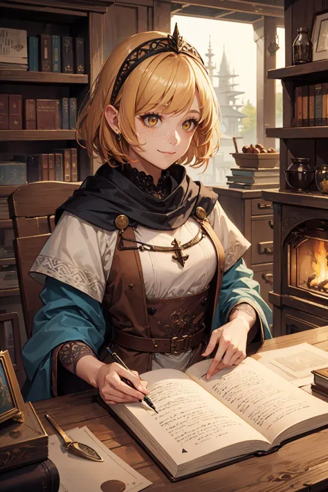 anime girl in a library reading a book