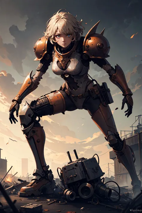 a woman in armor standing on a pile of rubble