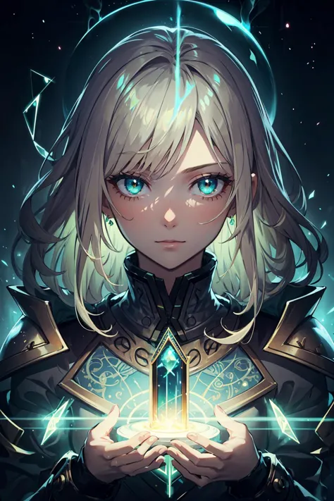 (best quality:1.4), (intricate details:1.2),  digital artwork, 
1 girl, adult russian woman,  silver eyes, natural blonde layered hair,
portrait, solo, half shot, looking at viewer, detailed background, detailed face, (<lora:GlowingRunesAIV3:0.6>, GlowingRunesAI_green theme:1.1) glowing eyes, (master of time :1.1), eternity, weightless, impossible geometry, swirling patterns,  hourglass,  sands of time, energy,  bloom light aura, cosmic space in background, ethereal atmosphere,