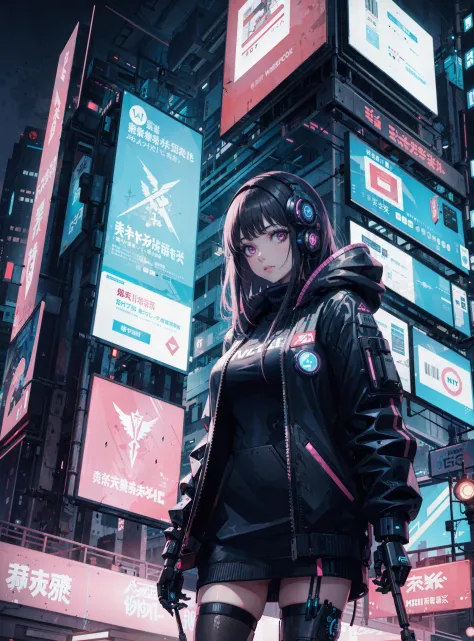 best quality:1.4, cyberpunk, mechanical parts, cyberpunk, neon lights, city, 1girl,