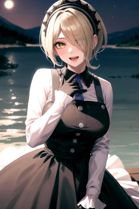 (highly detailed:1.3),
smile, parted lips, glossy lips, beautiful lips, blush, tkirumi, looking at viewer, open mouth, large breasts, long sleeves, holding, yellow eyes, white shirt, :d, cowboy shot, teeth, black gloves, hair over one eye, black dress, maid headdress, pinafore dress, (night:0.1), moonlight, lake, HDR, 
Ultra-detail,(highres:1.1),best quality,(masterpiece:1.3), cinematic lighting,  <lora:otakoTojoKirumi:1>