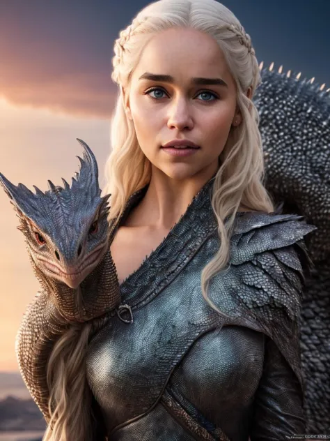 hyper real photo of [daenerys targaryen|Emilia Clarke] with pet (dragon:1.1), beautiful, sexy, 1girl with dragon, blond, close-u...