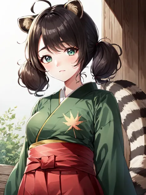 <lora:dontanuki:0.6:NIN> cute anime face 1girl with small raccoon ears (animal ears:1.5) (raccoon tail:1.5) brown hair, flaps li...