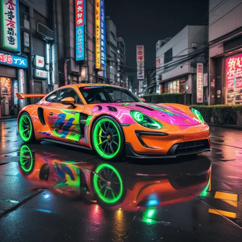 Porsche in Tokyo, neon paint, electromagnets as wheels, wheels of lightning, add detail, night photo, reflections, 4k, uhd, hdr