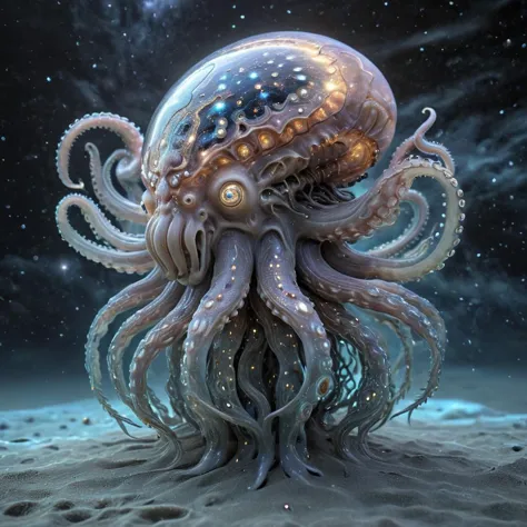 the universe inside an octopus, 3d render, octopus, made of crystal, inside body are visible galaxies, extremely detailed, magic...
