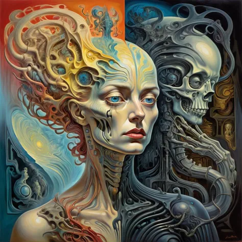 Portrait of a woman lost in thought, half-hidden in shadow, James Jean, Van Gogh, Salvador Dalí, H.R. Giger, blending into a canvas of thought-provoking abstraction, vibrant color clashes against a backdrop of surreal darkness, enigmatic, with a touch of the gothic <lora:xl_more_art-full_v1:1.2>