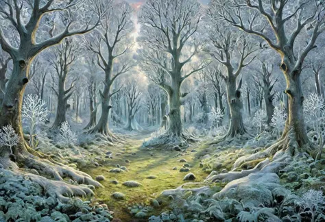 psychedelic, photorealistic, forest, moos, fairytale, frost,