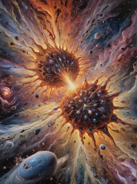 surrealist painting of the birth of the universe, big bang, cosmic space expanding, explosion, ((photorealistic, hyperrealistic,...