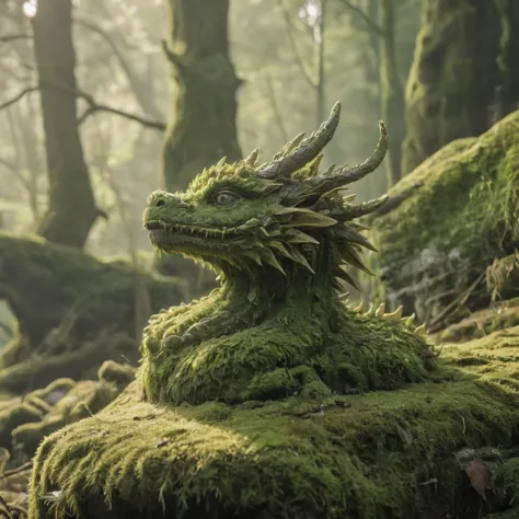 Moss Dragon, Covered in soft, green moss, (Soft Focus), (f_stop 4.5), (focal_length 135mm) f/4.5, (resting) atop an ancient (sto...