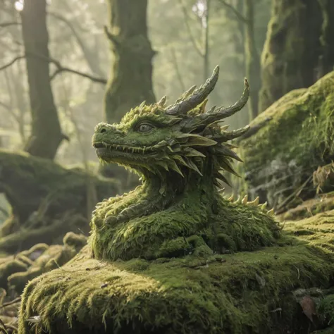 Moss Dragon, Covered in soft, green moss, (Soft Focus), (f_stop 4.5), (focal_length 135mm) f/4.5, (resting) atop an ancient (stone) ruin, (dewy) morning ambiance, (forest) backdrop with (sunlight) peeking through, captured on a (Leica SL2-S), symbolizing (growth), (timelessness)