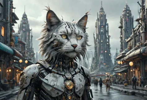 a close up of a cat in a futuristic city with a city in the background