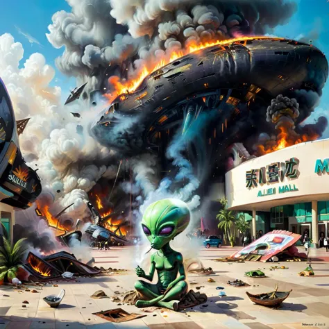 Sad alien smokes, sitting on a ground, An alien ship crashed into the ground at shopping mall, people running, text on shopping ...