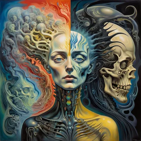 Retrato de una mujer perdida en sus pensamientos., medio escondido en la sombra, James Jean, van Gogh, Salvador Dalí, H.r. giger, mezclándose en un lienzo de abstracción que invita a la reflexión, colores vibrantes chocan contra un telón de fondo de oscuridad surrealista, Enigmático, con un toque gótico 