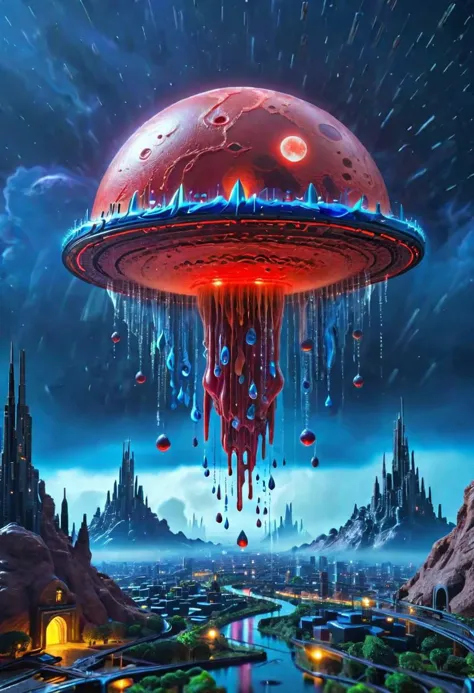 flying slime city, one red moon, one full moon blue slime raining, spaceships at air