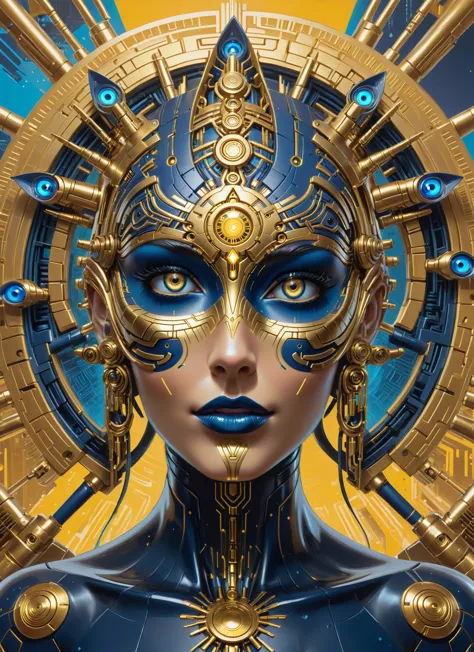 Diosa cibernética, construcción de supermodelo, mejoras en un reino cyberpunk, ojos de mandala cibernéticos dorados y azul marino, Híper realista, arte salpicado, Arte conceptual, plano medio, intrincadamente detallado, profundidad del color, dramático, 2/3 ángulos de cara, luz lateral, fondo colorido por Banks y Frank Miller