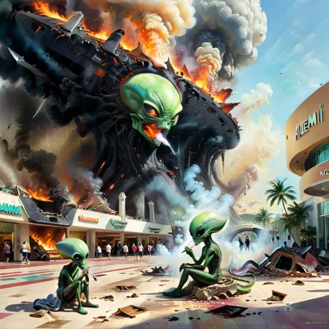 El alienígena triste fuma, sentado en el suelo, Una nave extraterrestre se estrelló contra el suelo en un centro comercial, gente corriendo, El texto en el centro comercial dice "Centro comercial Miami" (fuego:0.2), (pintura al óleo:0.1)  