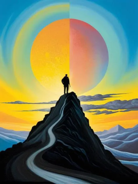 a painting of a man standing on top of a mountain