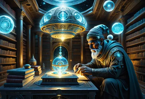 (masterpiece, best quality, ultra_detailed, highres, absurdres:1.2), (surreal:1.3), sci-fi, (oil painting:1.3), cyber shaman wearing a christmas hat, wrapping up a glowing galaxy into a present, close up, surrounded by curious little elves, in an ancient magical library, (living, floating) books, digital streams, conscienciousness flows, (cybernetics:1.4), very dim lighting, intricate details, futuristic, (psychedelic:1.4), cinematic lighting, DonMFr0stP4nkXL, <lora:DonMFr0stP4nkXL-000006:0.75>