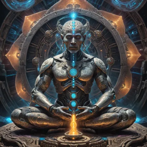 fotografía realista de un sabio cyborg antiguo meditando, psicodélico, SENTADO CON LAS PIERNAS CRUZADAS, cinematográfico, detalles intrincados, Texturas finas y detalladas, ((Fotorrealista)), alta resolución, 8K, 4k, mejor iluminacion, mejor composición, ciencia ficción, futuristic, alta tecnología, místico (chakras tecnológicos), grano de la película, fujifilm