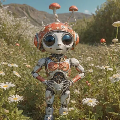 fotografía de un pequeño lindo ((hongo elfo robot)) en un campo de flores, Fotorrealista, alta resolución, HD, 8K, 4k, grano de la película, detalles intrincados, Texturas finas y detalladas, mejor calidad, obra maestra, (Robot feliz), adorable, luz solar, cielo azul, mejor iluminacion, mejor composición, ciencia ficción