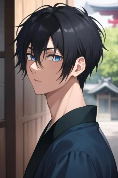 masterpiece, best quality, high quality, 1boy, solo, male focus, looking at viewer, upper body, son-hak, black hair, blue eyes, japanese clothes, hair between eyes,