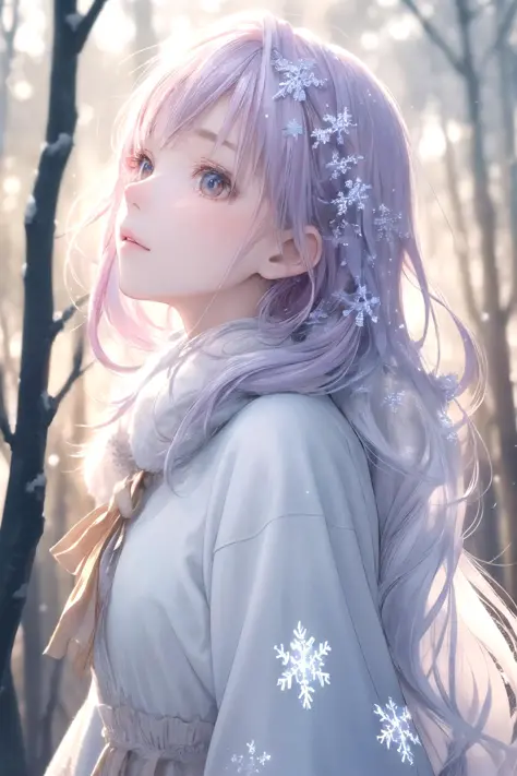 1girl, gradient hair, detailed clothes, winter forest, snowflake, soft cinematic light, elegant, highly detailed, faded, hires, backlighting, face focus, sparkle, from side, looking up