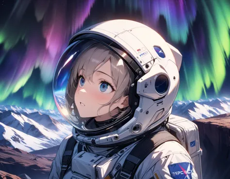 1girl, solo, SyFyEye1, astronaut, spacex, spacesuit, glass reflection, eye reflection, portrait, looking up, looking to the side, amazed, awestruck, standing, outdoors, scenery, rocky surface, mountainous horizon, starry sky, aurora, lens flare, science fiction, cinematic, filmic, high budget, (masterpiece), (best quality), (ultra-detailed), very aesthetic, illustration, perfect composition, intricate details, absurdres, 