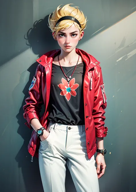 arafed image of a woman in a red jacket and white pants