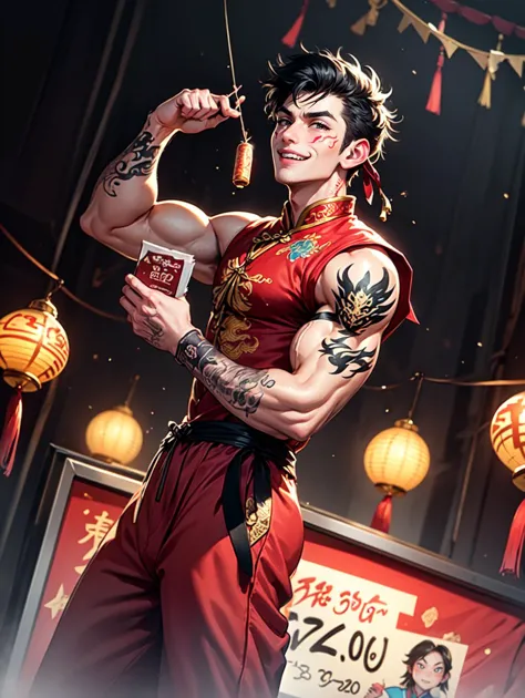Amidst the Chinese New Year festivities of the Dragon, a handsome young man dons traditional attire.( His clothing reveals chise...