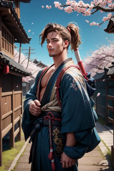 1boy, samurai, toned, brown hair, blue eyes,  ponytail, cowboy_shot,  cherry blossom pathway 