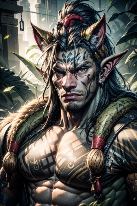 masterpiece, best quality, highres, green skin orc, tribal tatto, lioncloth, annoyed, looking at viewer
