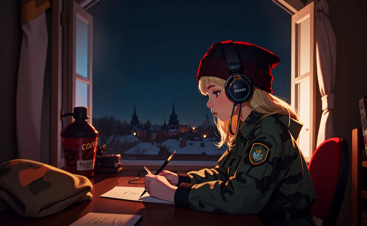 lofistudy, 1girl, writing, from side, ukrainian girl, blonde hair, long hair, headphones, beanie, camouflage uniform, window, ukraine background, night
