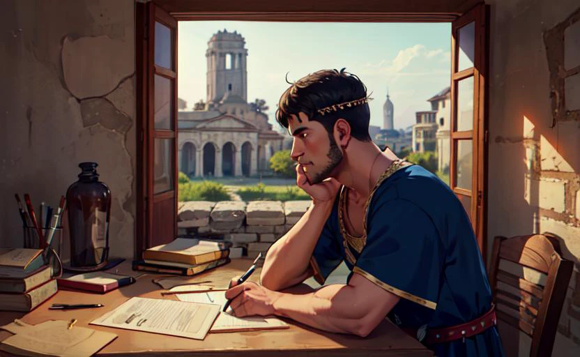 lofistudy, 1คน, โรมัน_เสื้อผ้า, ลอเรล_มงกุฎ, เสื้อคลุม, โรมัน empire, วัด, หิน, หิน_กำแพง, จากด้านข้าง, การเขียน, กระดาษ, หน้าต่าง, โรมัน empire background