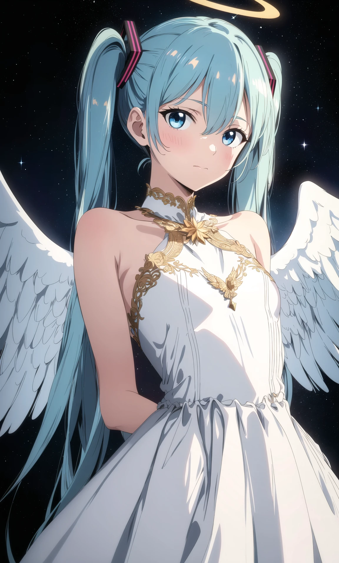 chef-d&#39;œuvre, meilleure qualité, Hatsune Miku, robe blanche, ange, ange wings, halo doré, fond sombre, haut du corps, (bouche fermée:1.2), regarder le spectateur, bras derrière le dos, thème bleu, étoiles, nuit étoilée