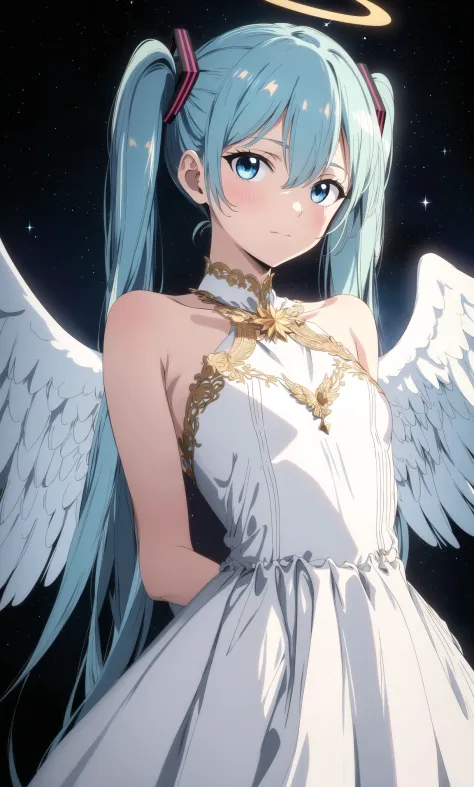 masterpiece, best quality, hatsune miku, white gown, angel, angel wings, golden halo, dark background, upper body, (closed mouth...