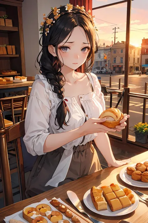 anime girl holding a sandwich and looking at a plate of food