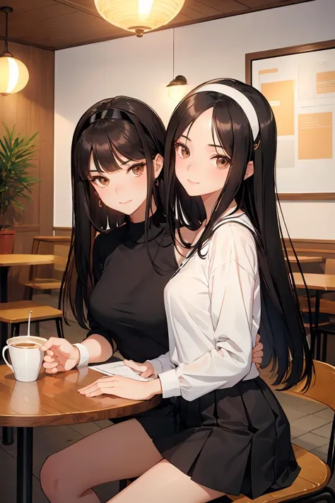 two women sitting at a table with a cup of coffee